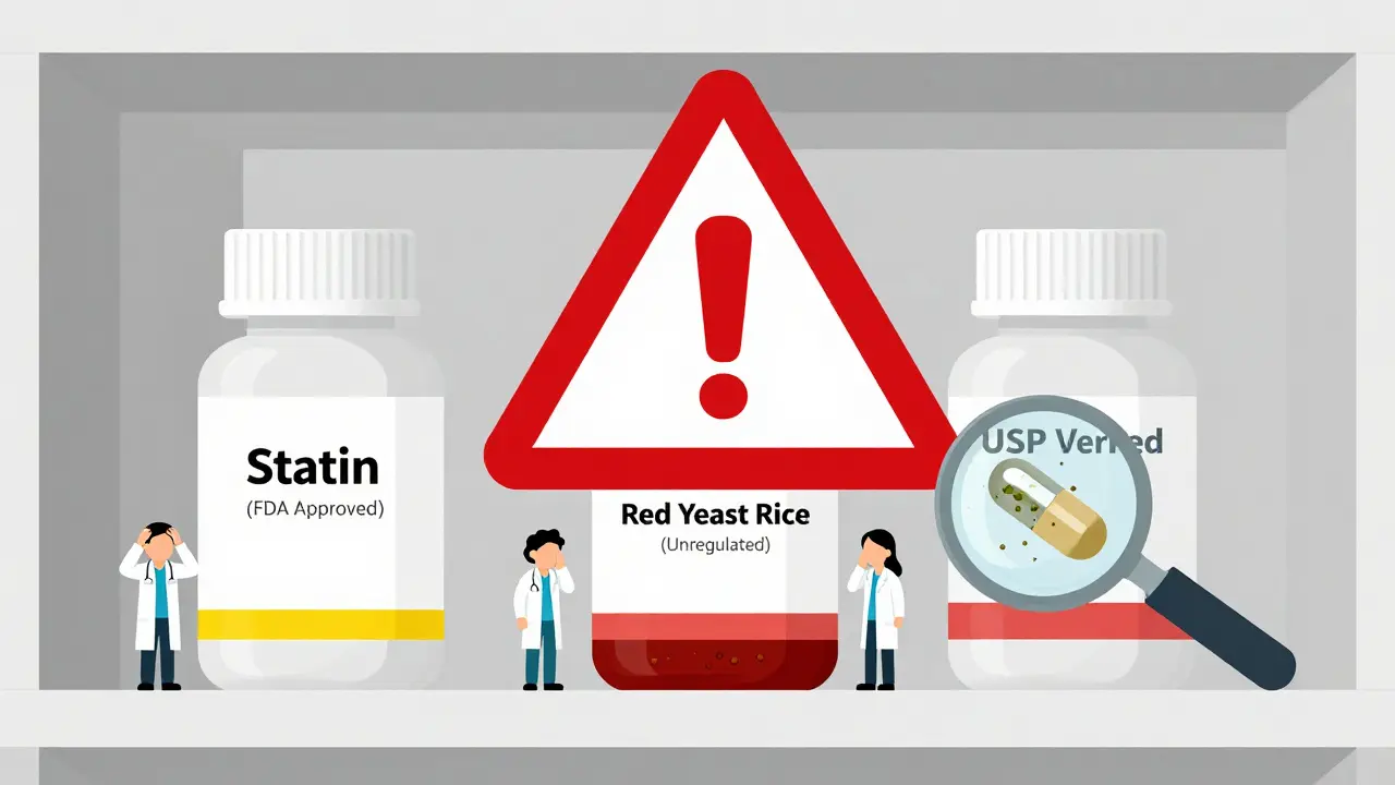 Pharmacy shelf comparing FDA-approved statin, unregulated red yeast rice, and USP-verified supplement.