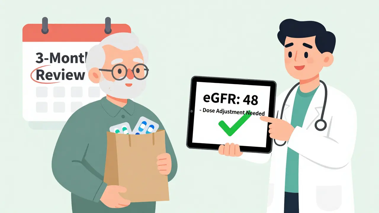 Senior and pharmacist reviewing pills from brown bag with eGFR test result visible.