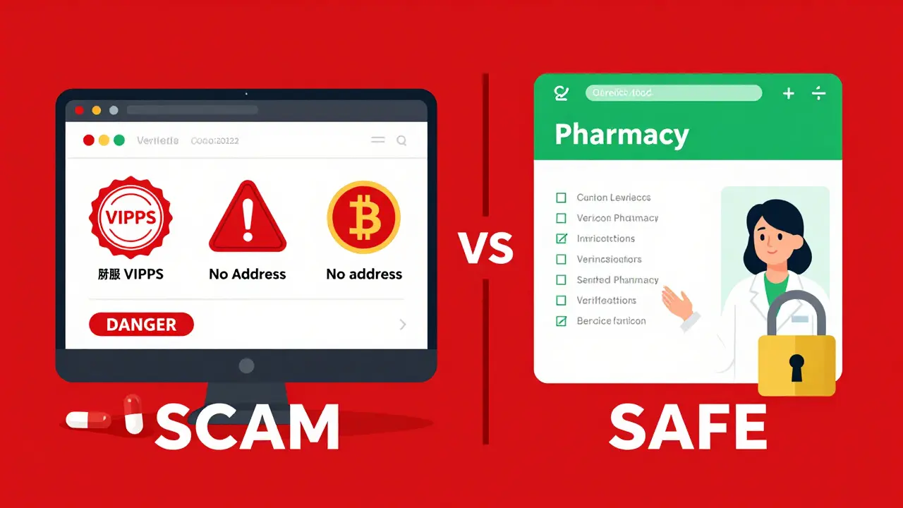 Side-by-side comparison: shady fake pharmacy vs legitimate verified pharmacy with clear warning labels.