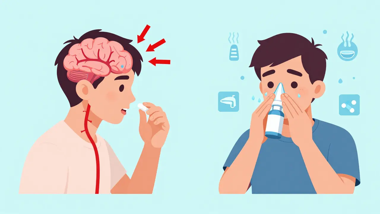 Side-by-side: decongestant causing blood pressure spikes vs. saline spray soothing nasal passages safely.