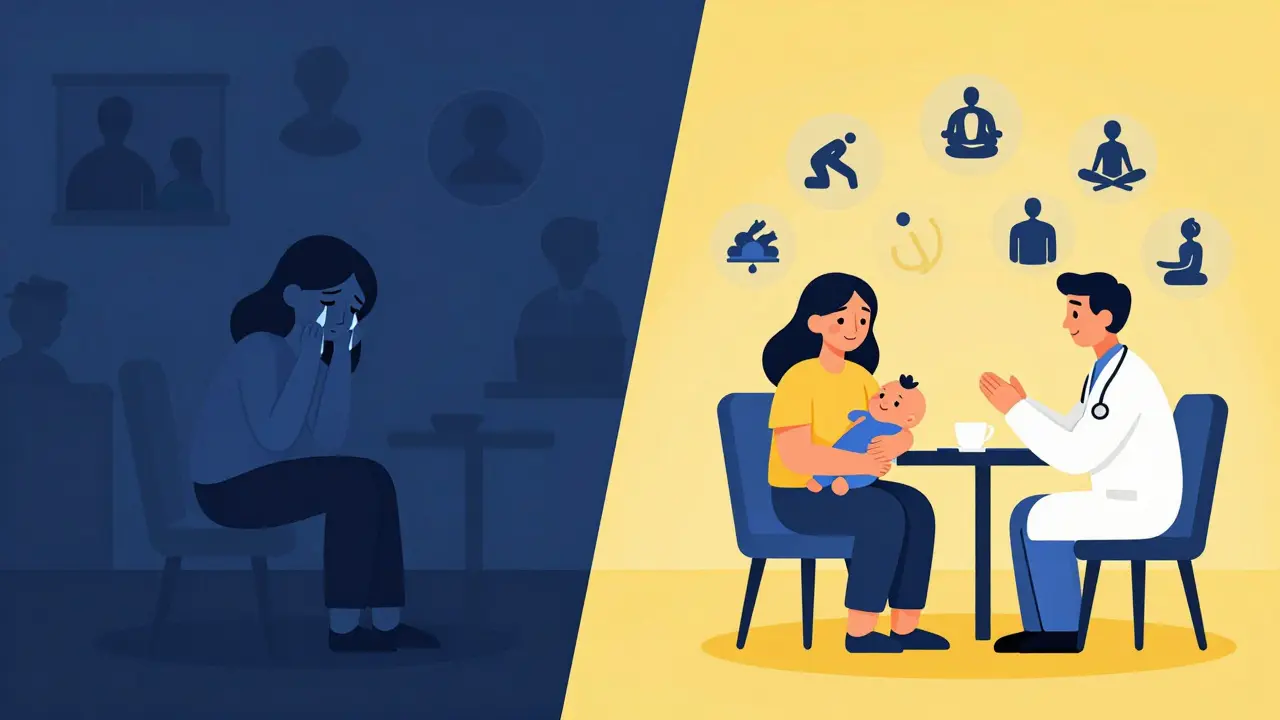 Split illustration showing depression on one side and support on the other during pregnancy.