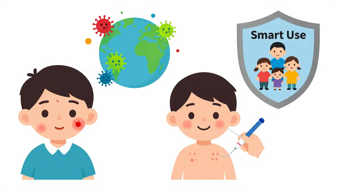 Split image showing allergic reaction vs. harmless rash with superbug threat