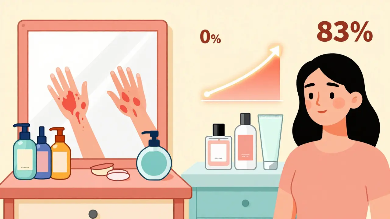 Split scene: chaotic scented products causing skin reactions vs. clean fragrance-free routine with redness reduction chart.