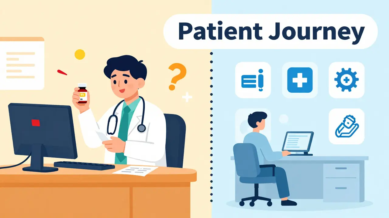 Split scene: ER drug delay vs. AI-guided personalized medication in clinic