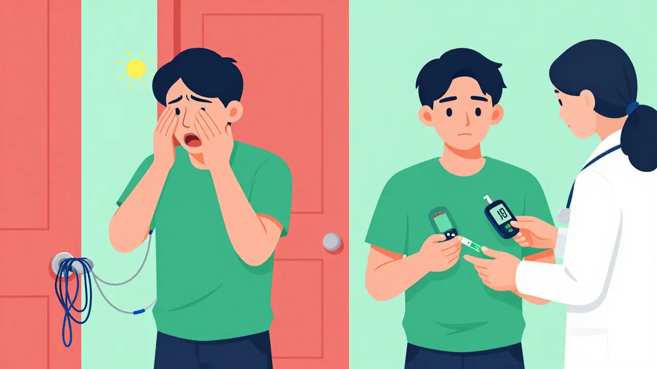 Split scene: one side shows a pump alarm and tangled tubing, the other shows calm troubleshooting with a diabetes educator.