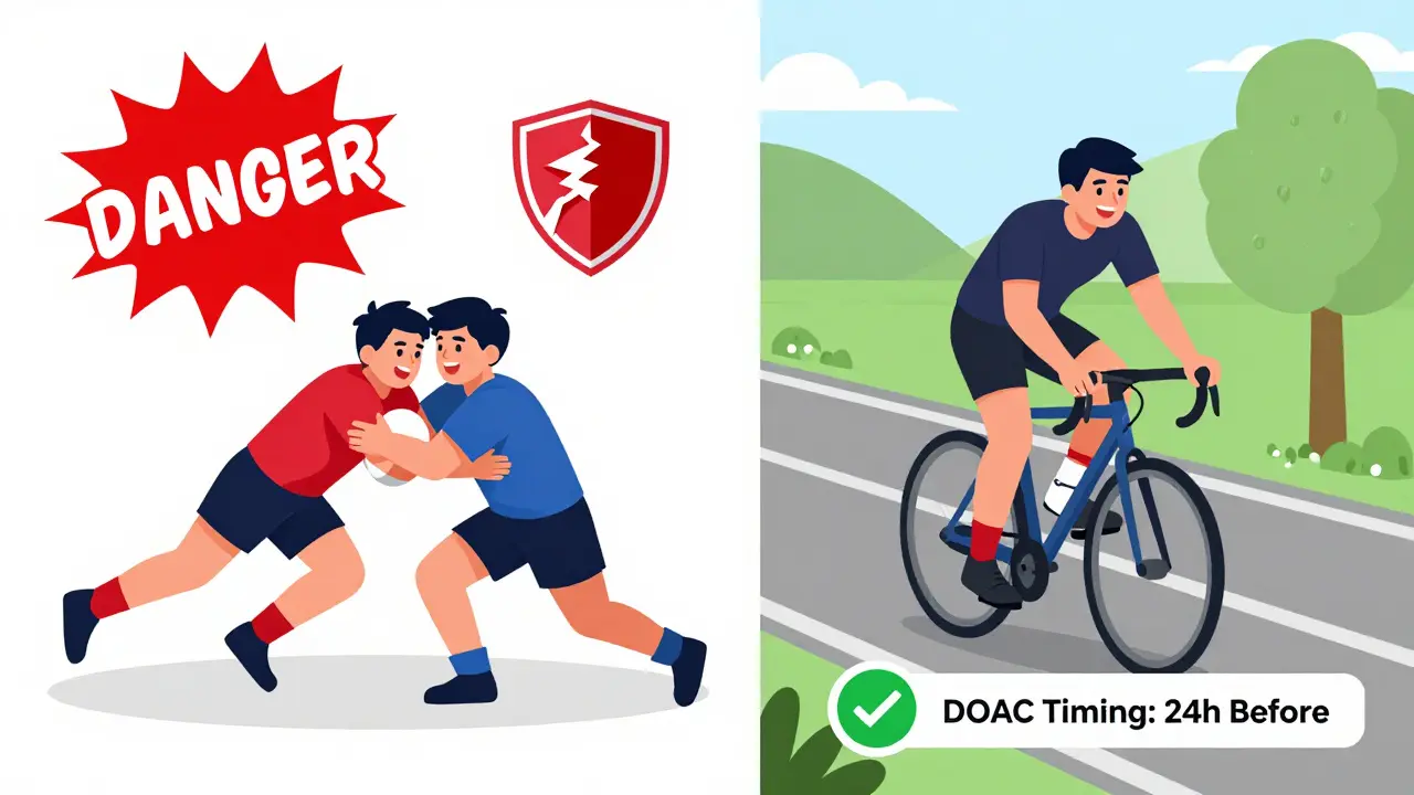 Split scene: rugby crash with danger symbol vs. cyclist with safe timing label.