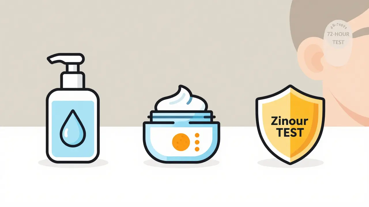 Three minimalist skincare icons: cleanser, moisturizer with ceramides, and mineral sunscreen with a 72-hour patch test circle.