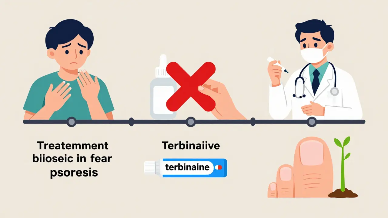 Timeline of nail disorder journey: misdiagnosis, testing, and correct treatments for fungus and psoriasis with growing healthy nails.