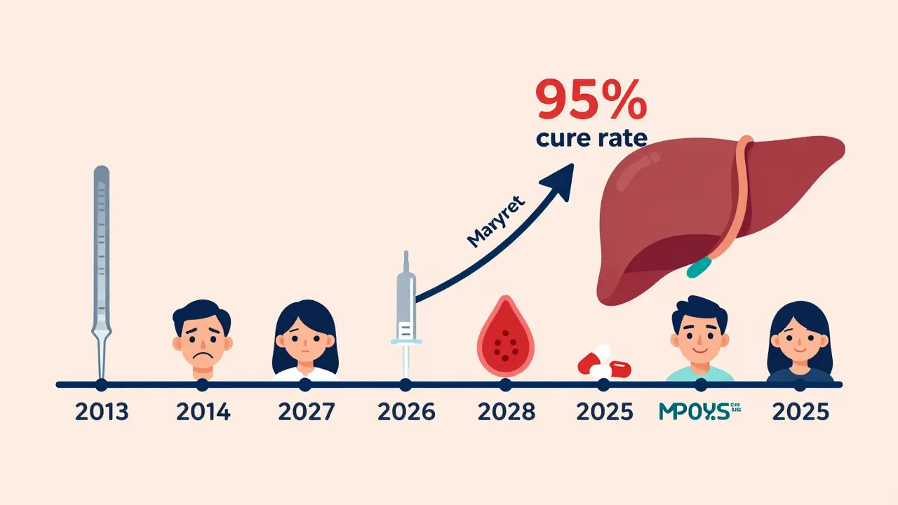 Timeline showing old HCV treatment with needles vs. modern pills, with a rising 95% cure rate arrow.