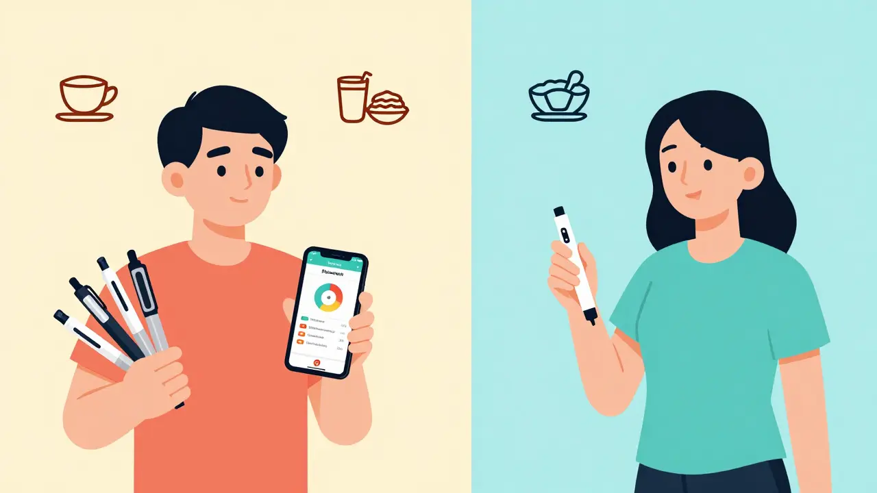 Two daily routines: flexible basal-bolus vs. rigid premixed insulin with meal icons.