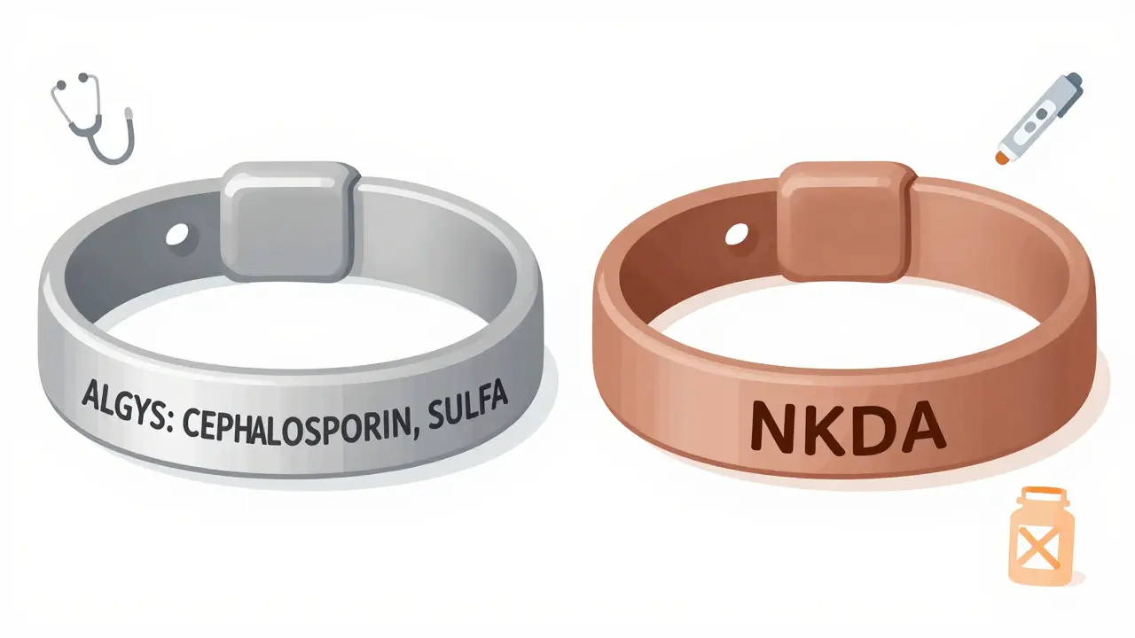Two medical alert bracelets side by side with engraved allergy abbreviations and medical icons.
