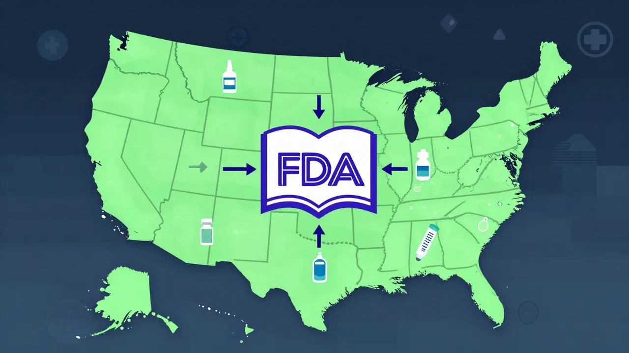 U.S. map showing states that allow biosimilar substitution, with medical product icons and FDA Purple Book at center.