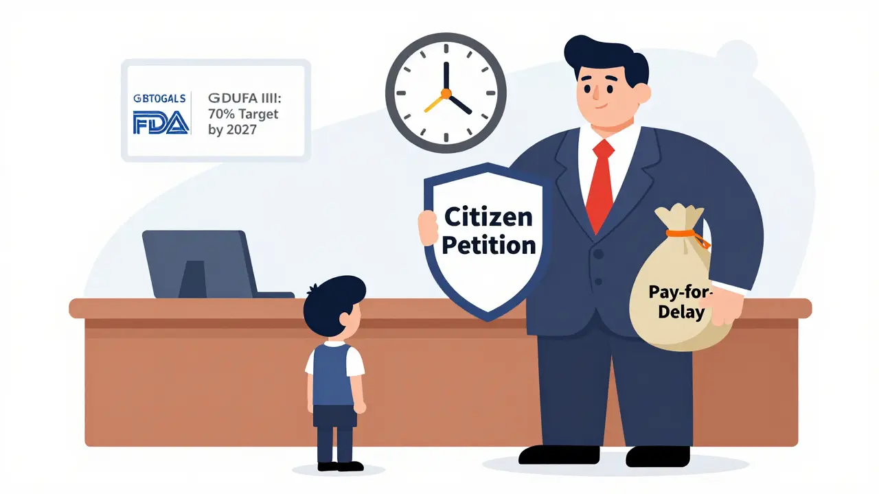 A courtroom where a generic drug applicant faces a brand company using petitions and pay-for-delay tactics.