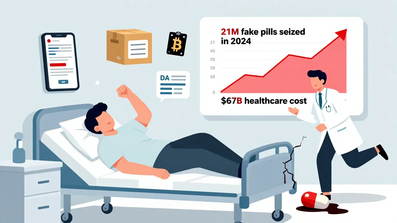 A person collapsing in a hospital while floating images show fake websites, Bitcoin payments, and DEA seizure data.