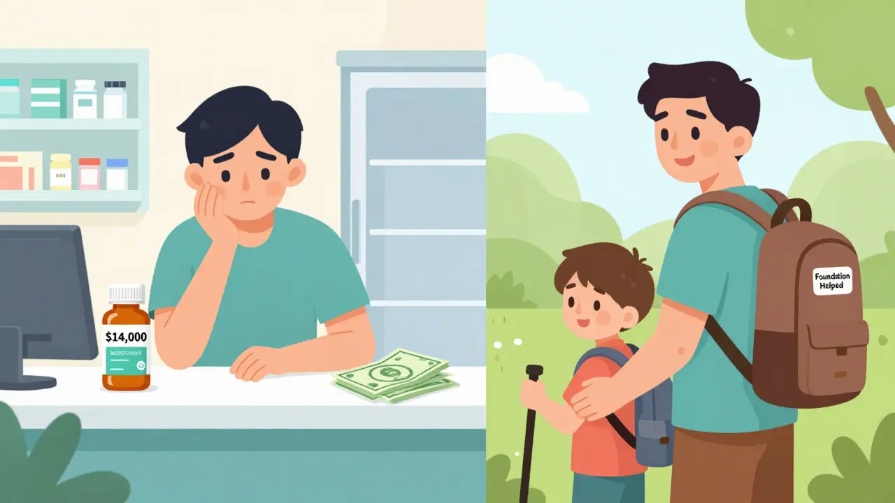 A person faces financial strain at a pharmacy on one side, and joyfully hikes with a grandchild on the other, showing life restored.