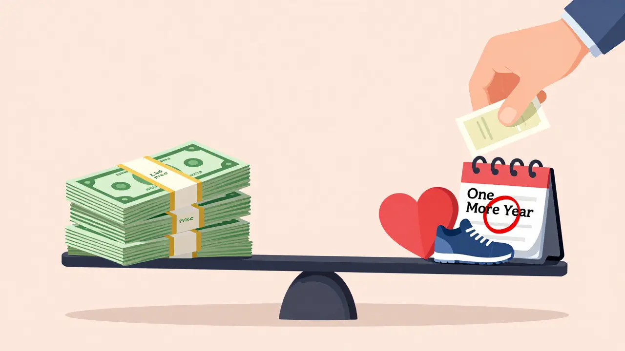 A scale balances high drug costs against quality of life — a coupon tips the scale toward value, not just price.