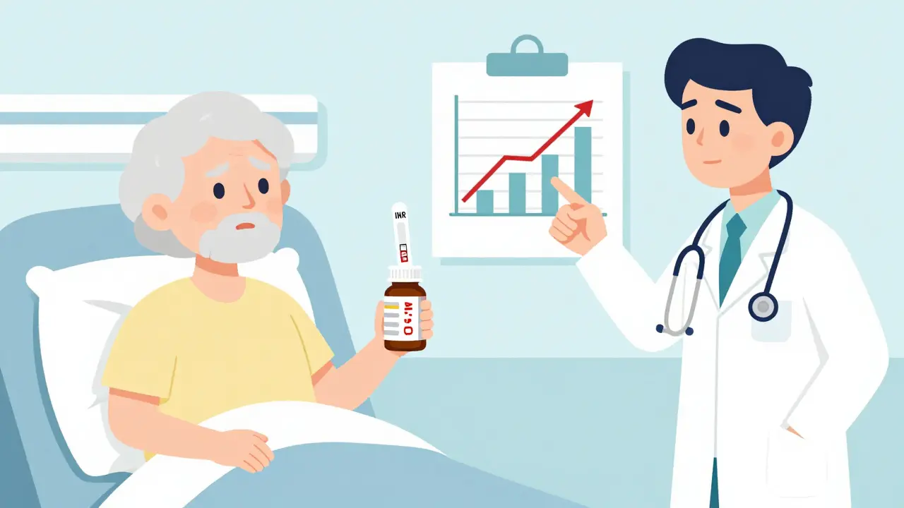 An elderly patient and doctor reviewing a high INR test result caused by garlic supplements and blood thinners.