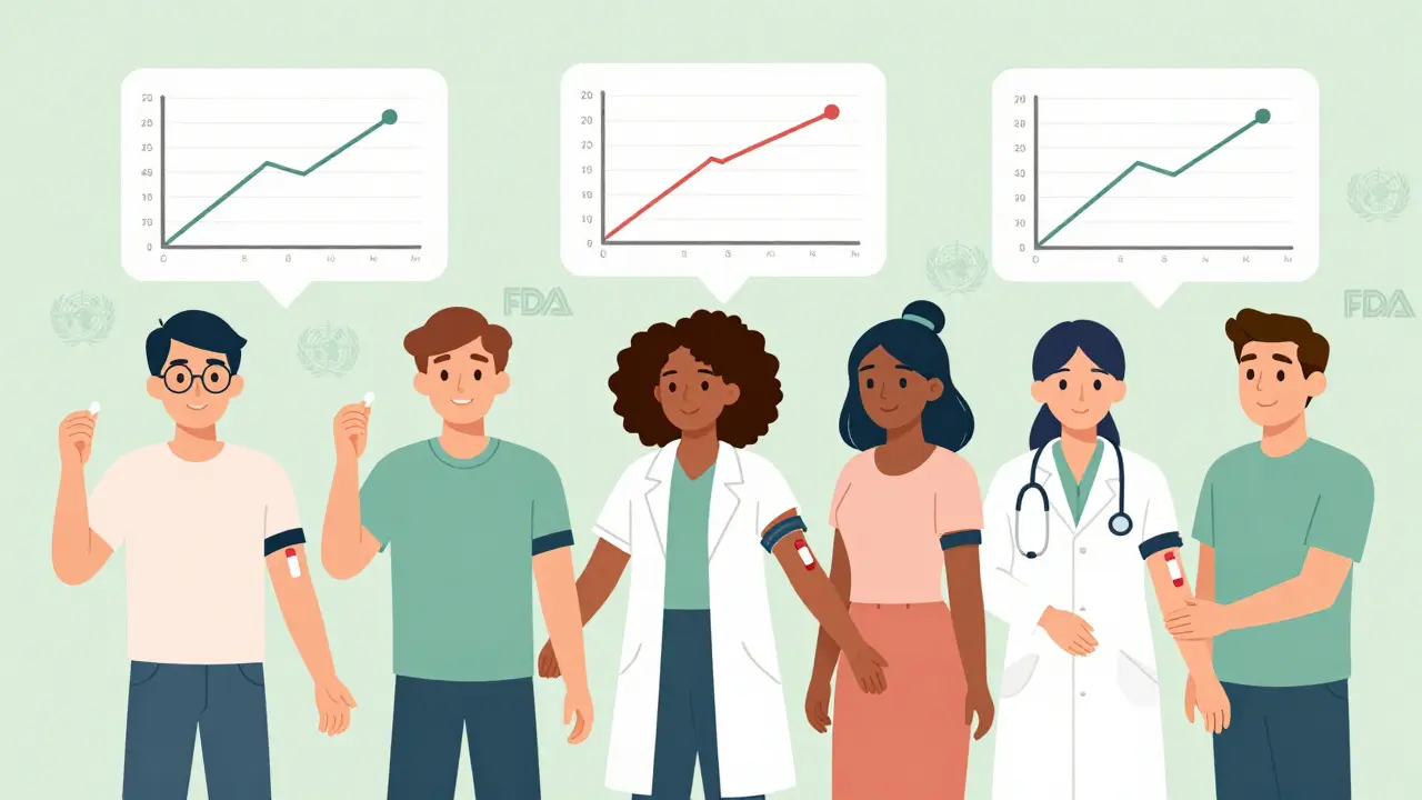 Diverse volunteers in a clinical study with blood samples and matching drug absorption graphs.
