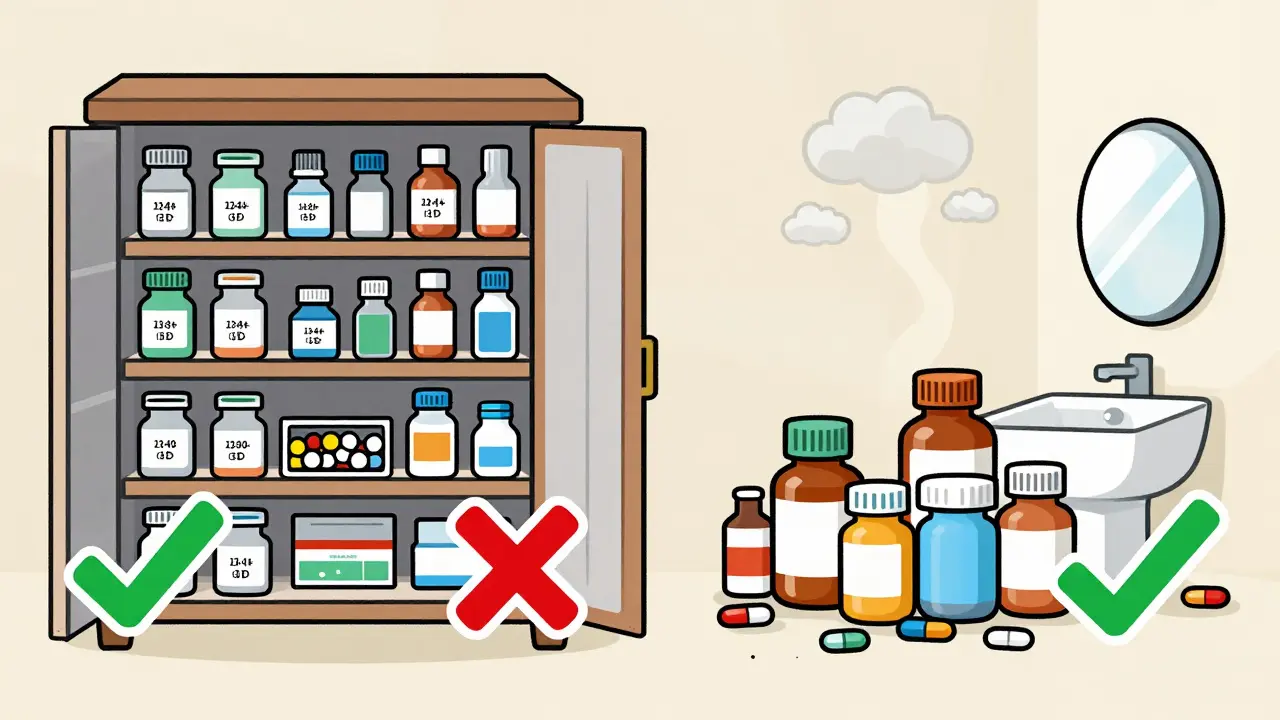 Organized vs. cluttered medicine cabinet with expiration date highlights