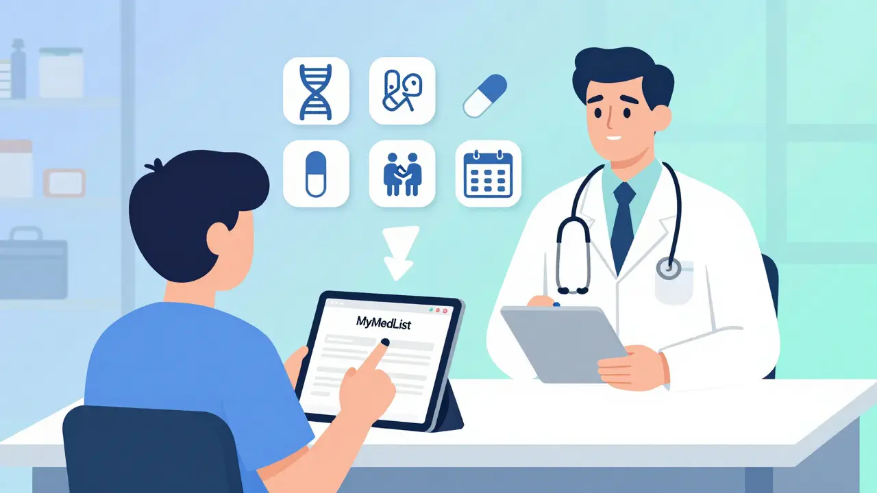 Patient reviewing medication options on a health portal with doctor nearby.