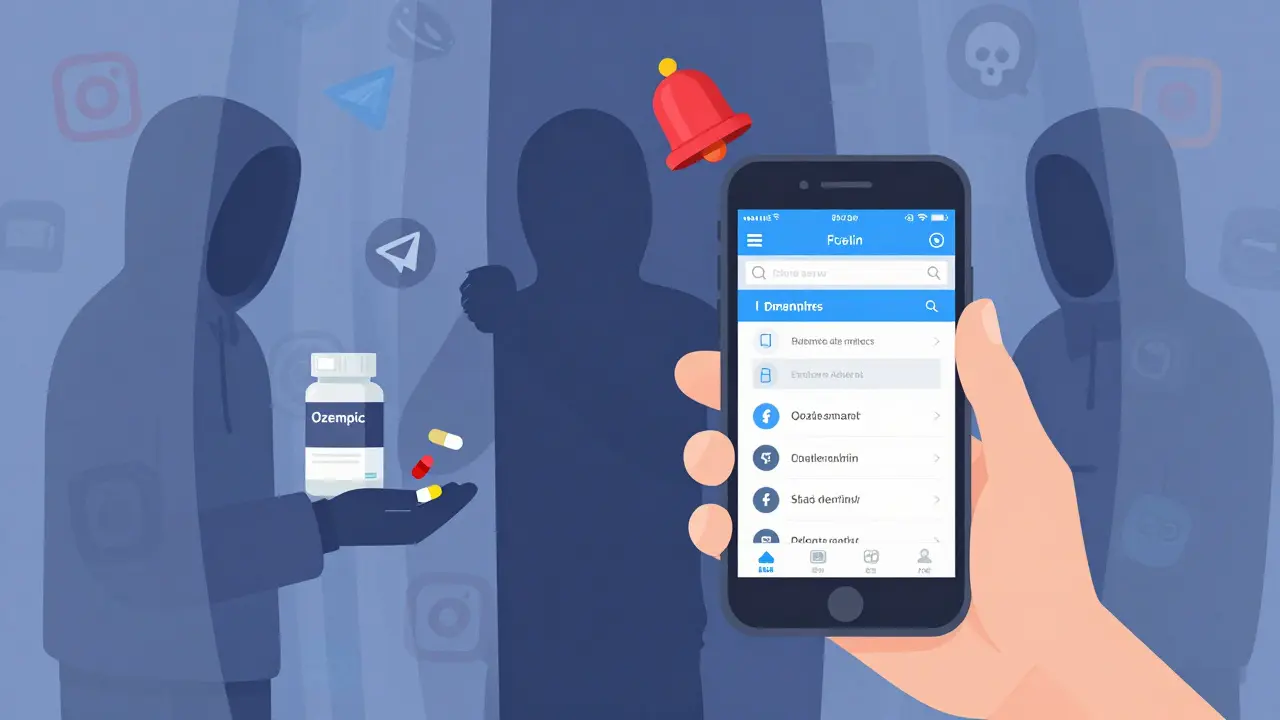 Person receiving fake pills from shadowy figures via social media, with warning symbols above.