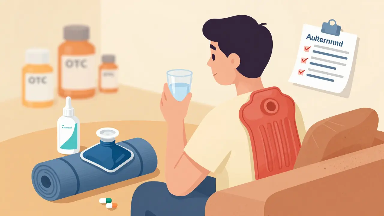 Person using heat therapy and alternatives instead of OTC pain pills.