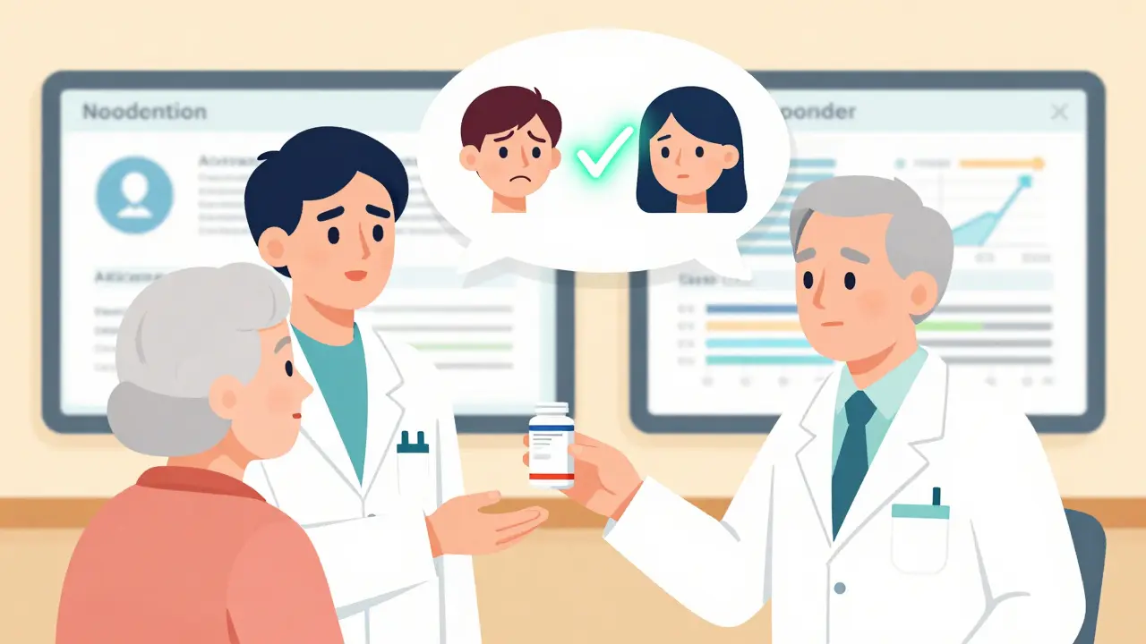 Pharmacist giving generic medication to elderly patient with thought bubble showing calm vs. worry.