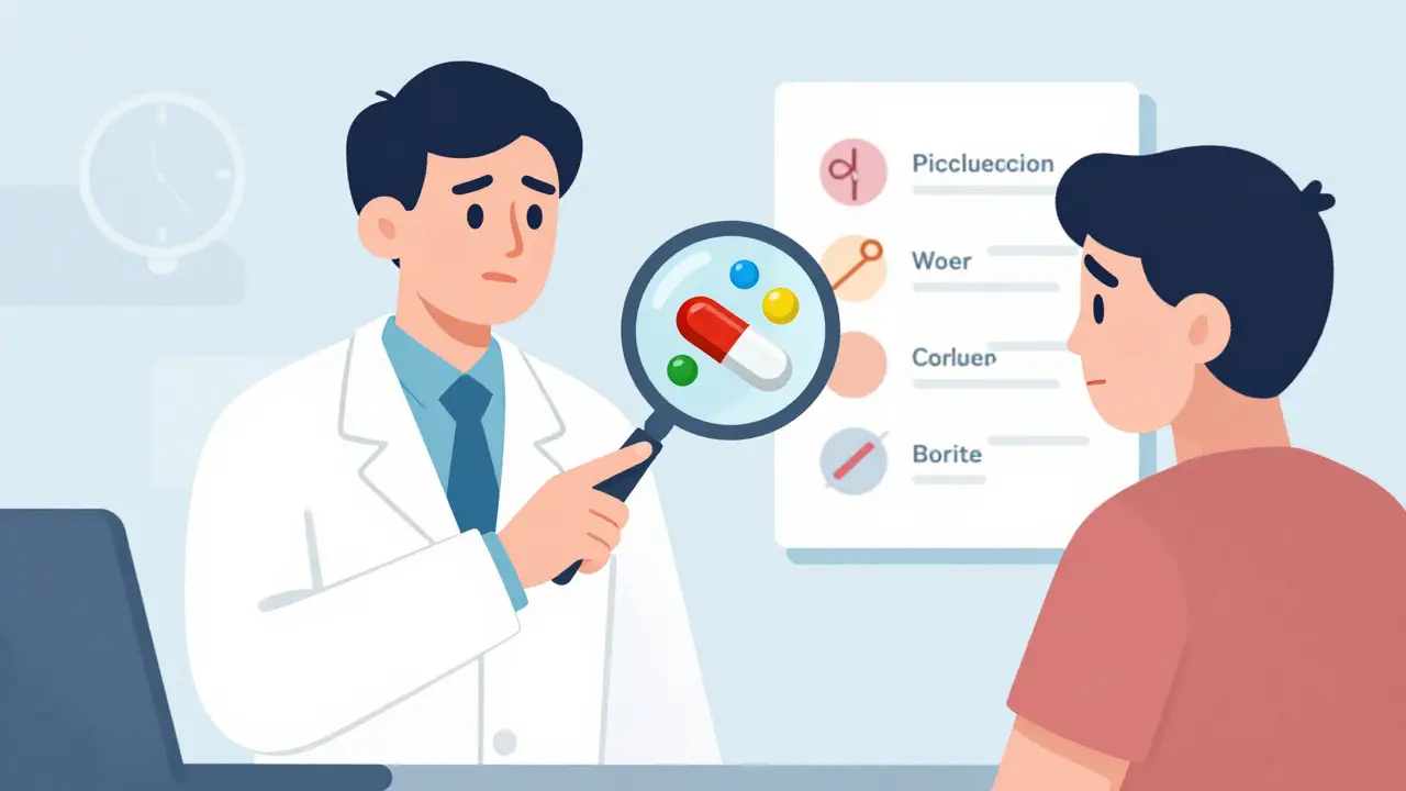 Pharmacist showing toxic ingredients inside a counterfeit pill using a magnifying glass.