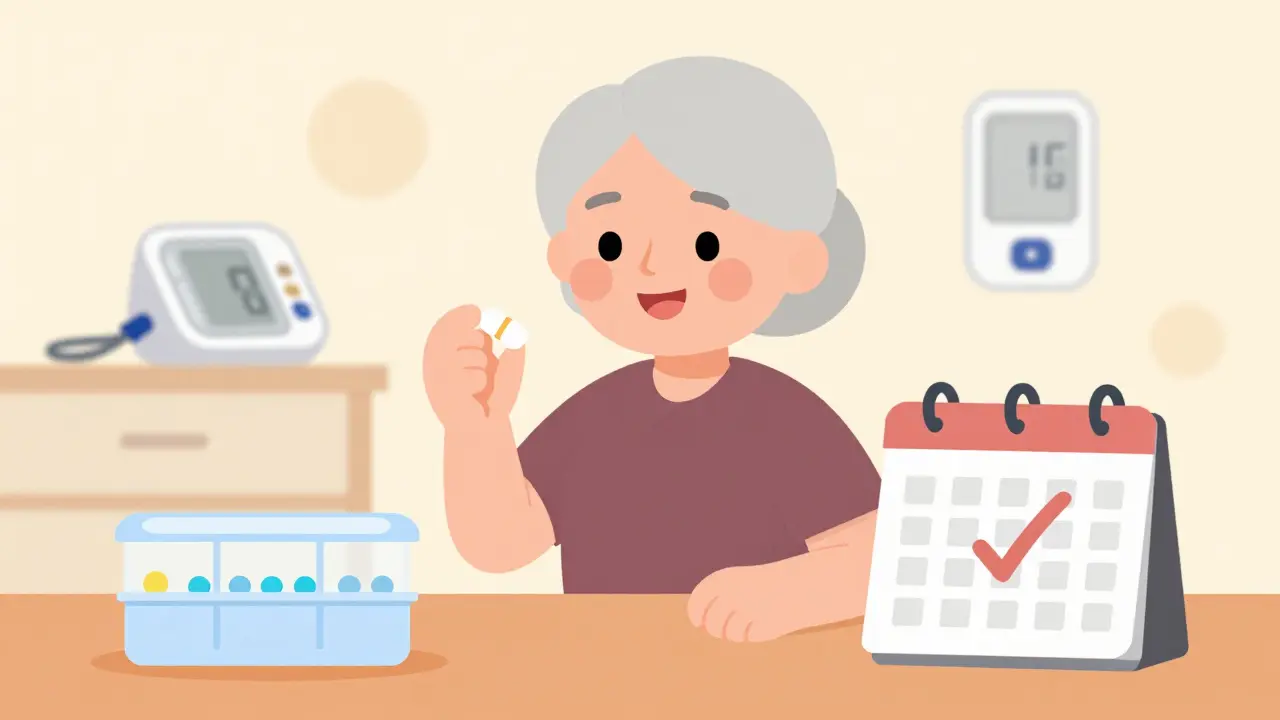 Senior holding one pill with organized medicine box