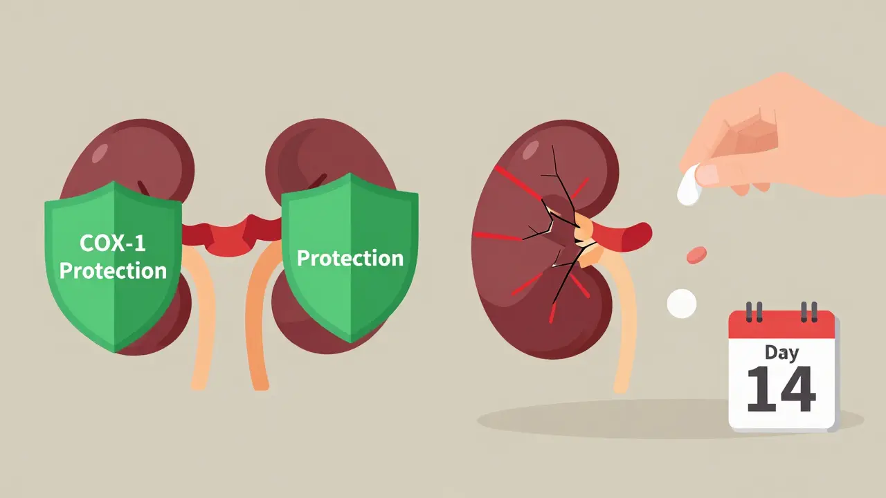 Split illustration comparing healthy and damaged organs from NSAID overuse.