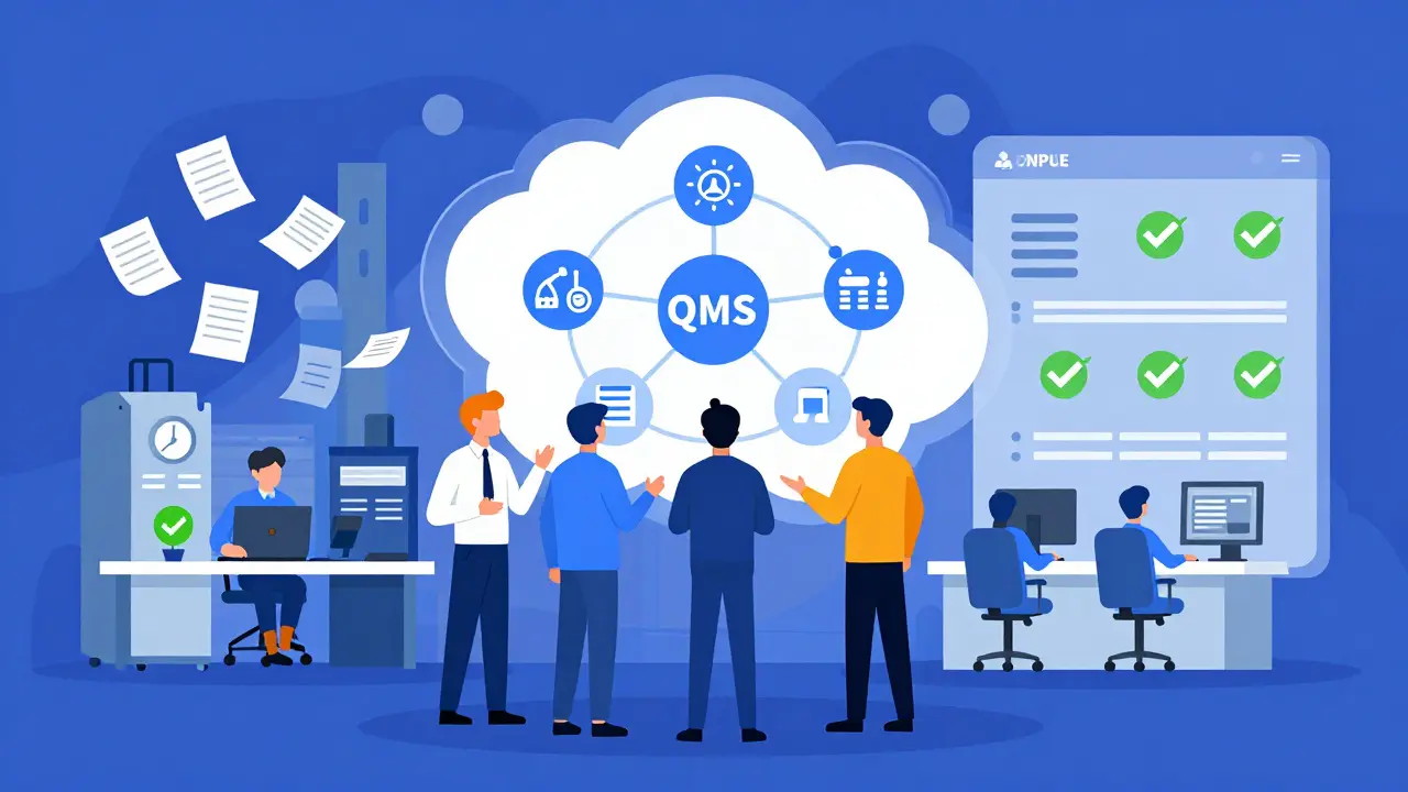 Team collaborating around a cloud dashboard showing real-time quality data and supplier insights.