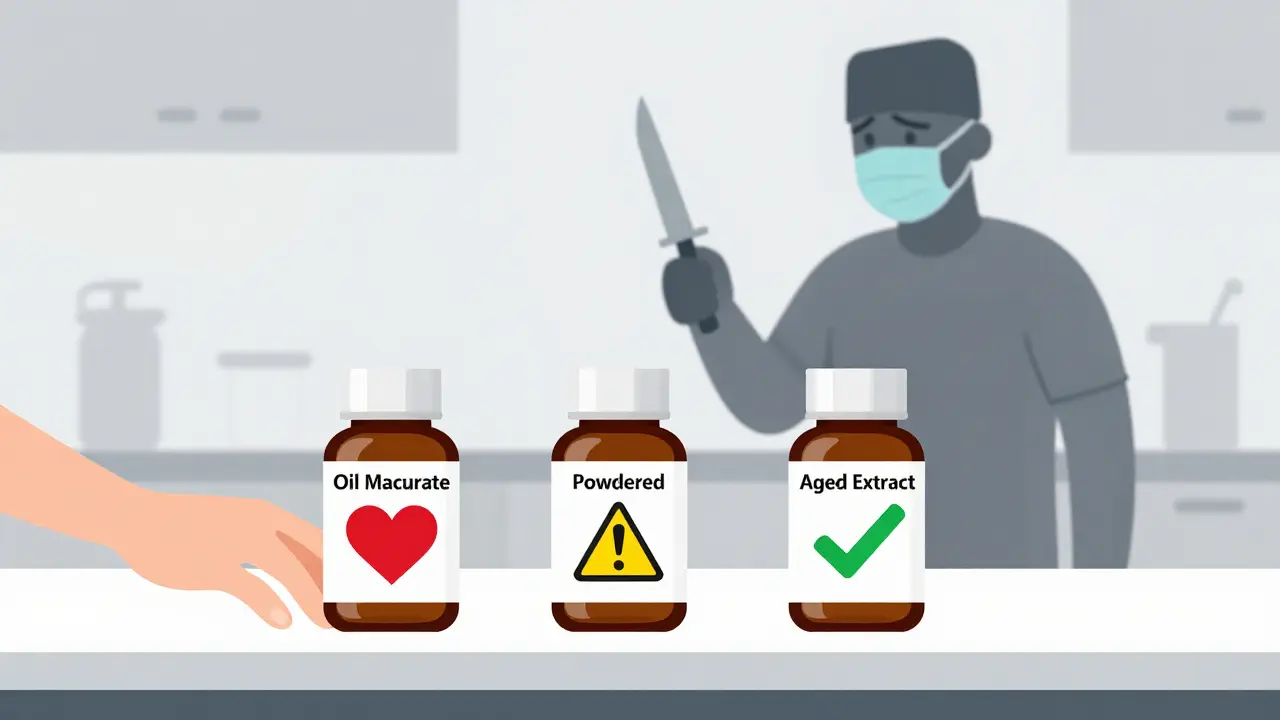 Three garlic supplement bottles on a counter with symbolic icons showing different bleeding risks in flat design.