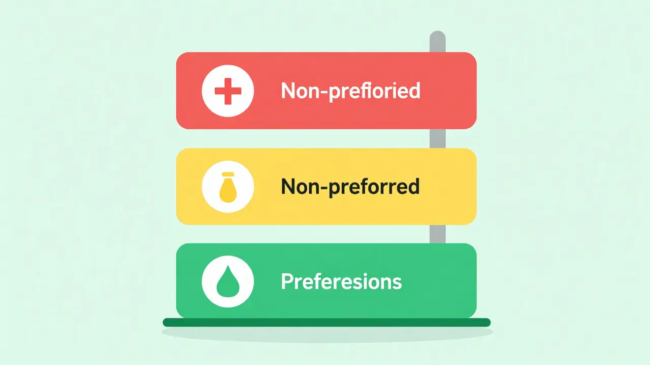 Three-tiered medication shelf with color-coded tiers for copay levels
