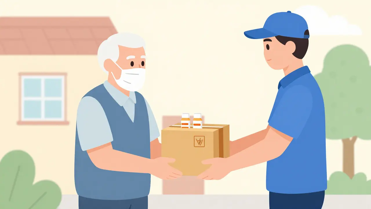 Veteran receiving mail-delivered medications at home from postal worker