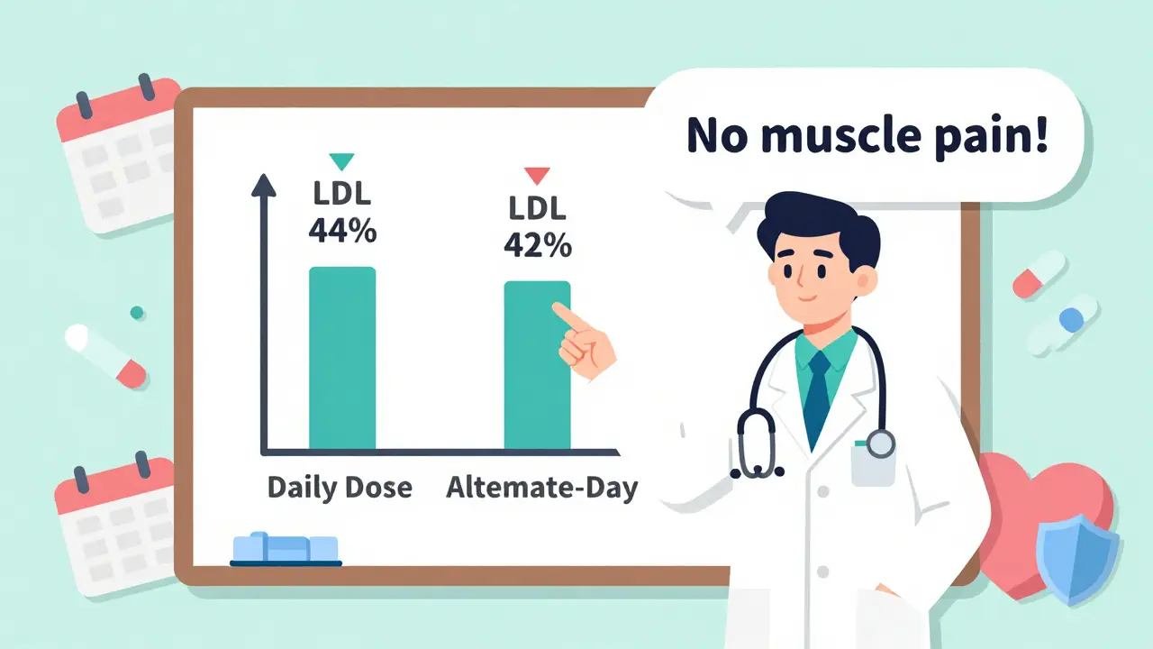 A doctor explains a chart showing similar LDL reduction with daily vs. alternate-day statin dosing, no muscle pain.