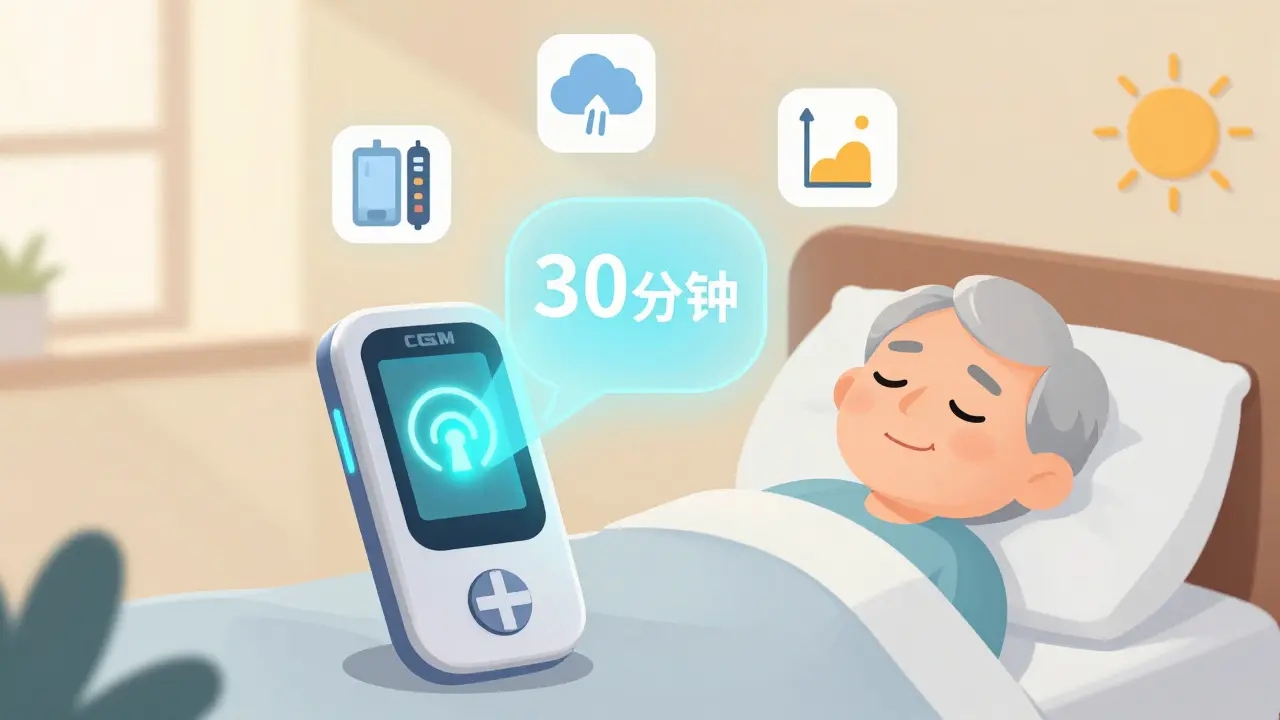 A futuristic glucose monitor projecting a 30-minute warning over a sleeping elderly person, with icons showing insulin pump failure and dawn phenomenon.