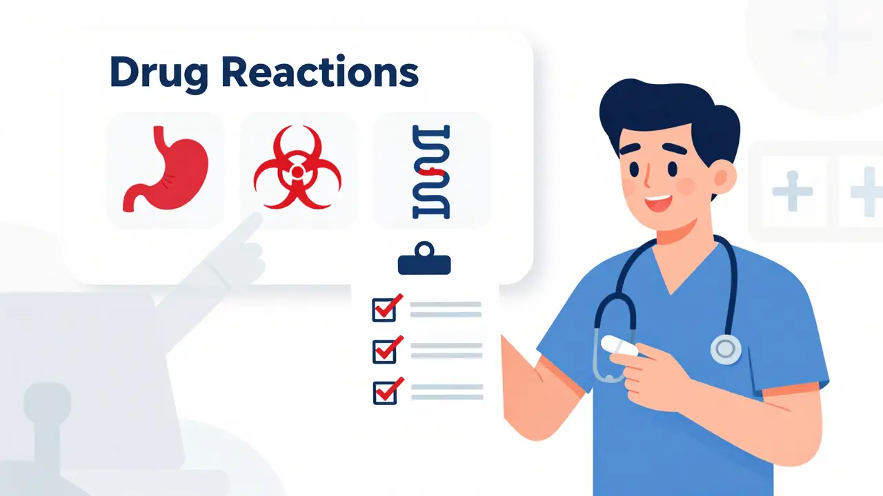 A patient and doctor reviewing a chart showing three types of drug reactions with clear visual icons.