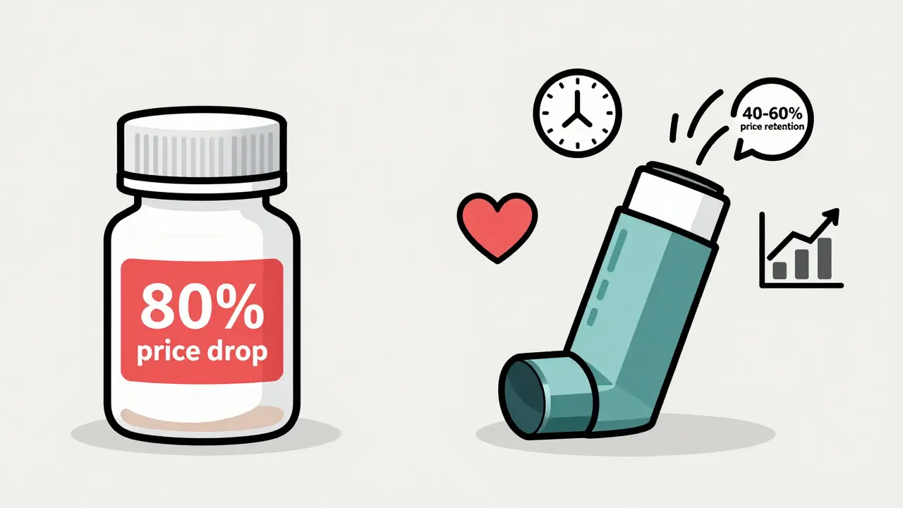 A smart inhaler with dose counter outperforming a simple pill bottle, representing advanced generic combinations.