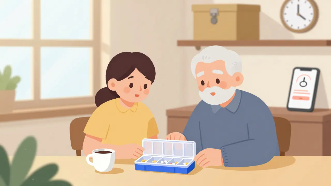 Caregiver helping an older adult fill a weekly pill box on a sunny Sunday morning.