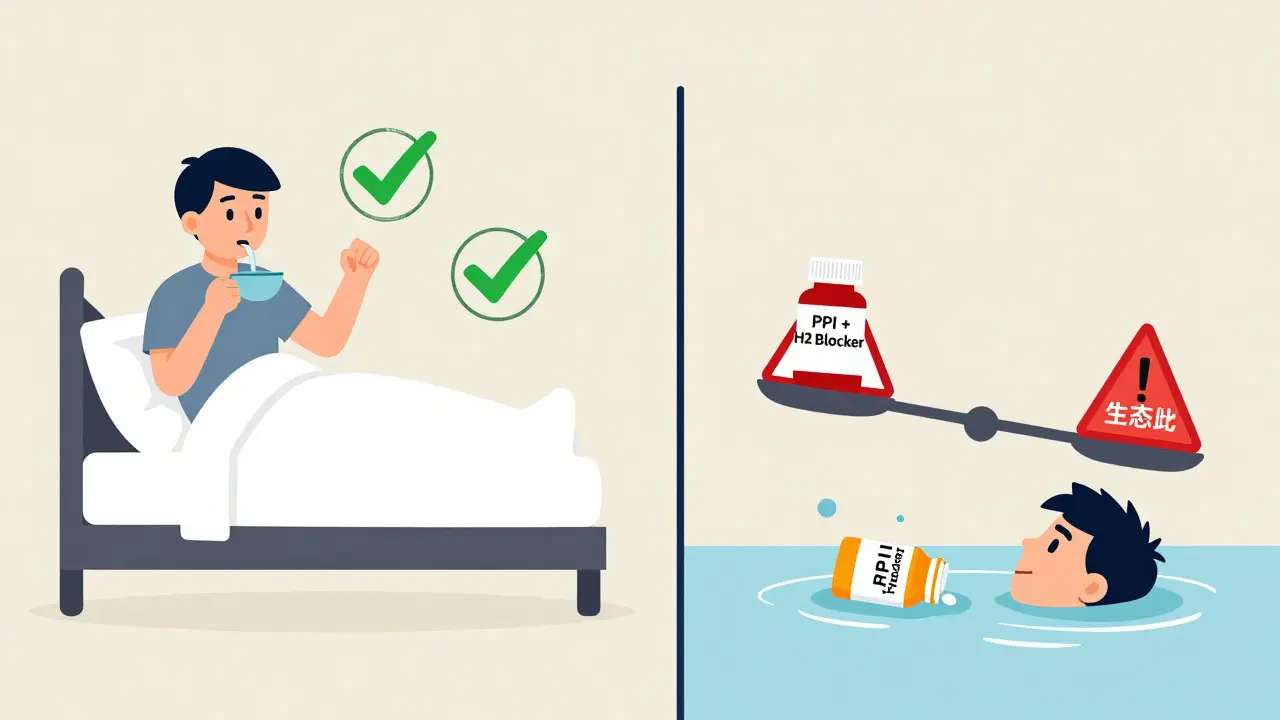 Comparison panel showing healthy lifestyle choices versus excessive pill use for acid reflux.