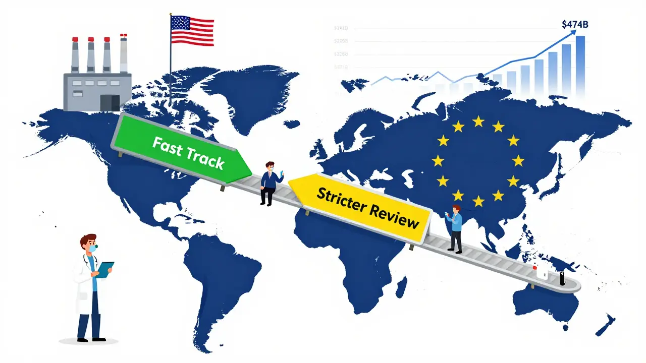 Diverging regulatory paths for generic combinations in the U.S. and EU, with growth projection in background.