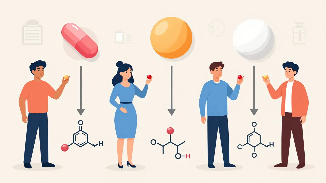 Diverse group holding different colored pills with identical chemical structures underneath.