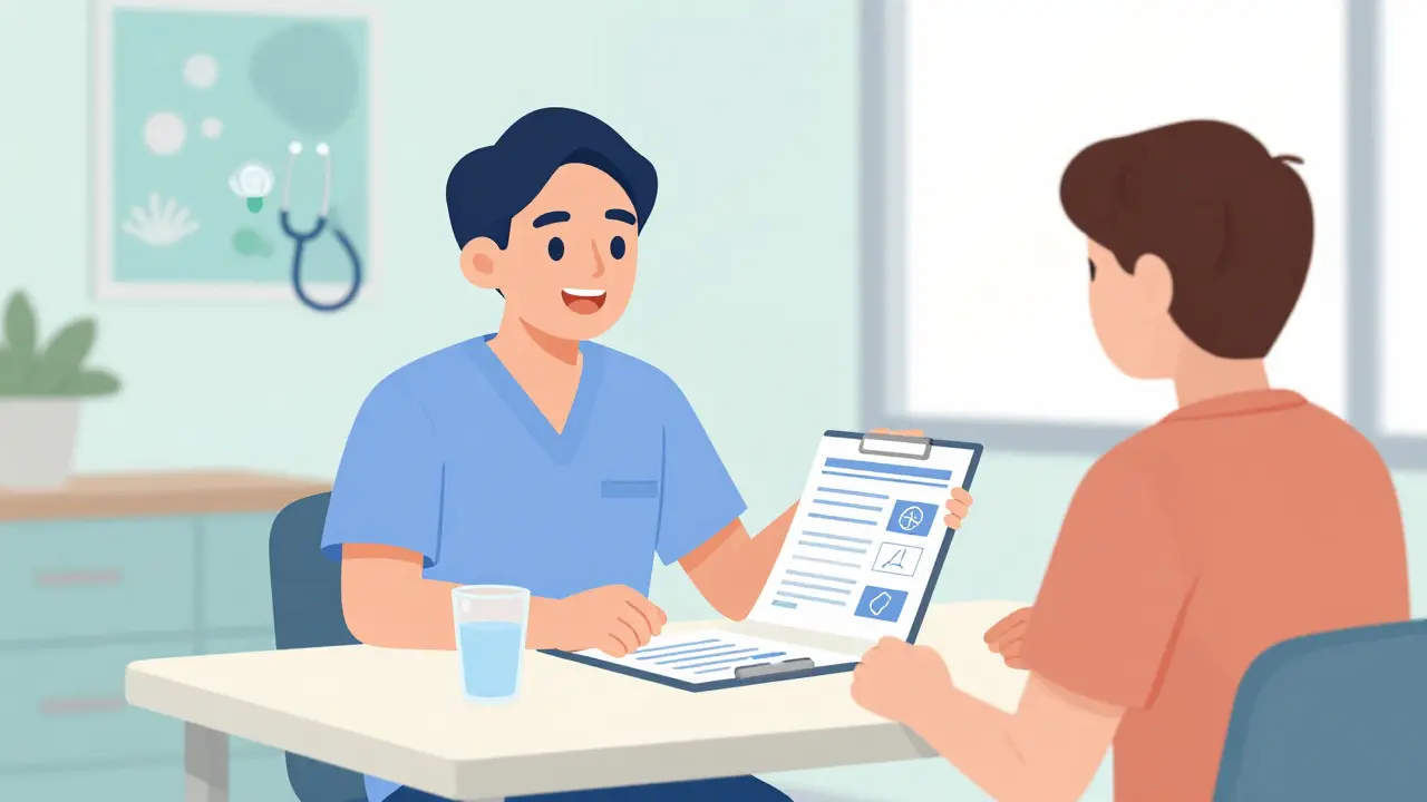 Doctor and patient consulting in a clinic room flat illustration.