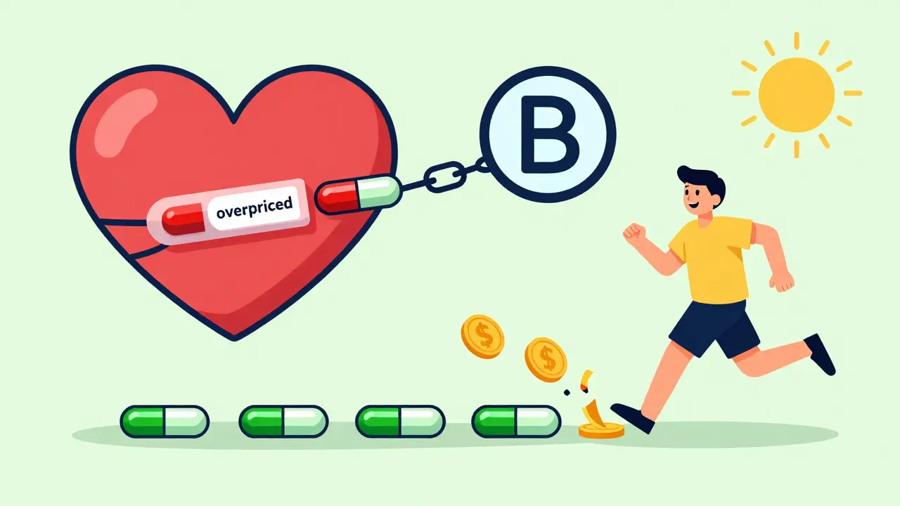 Green generic pills form a path to a healthy patient, while a red combo pill glows as overpriced.