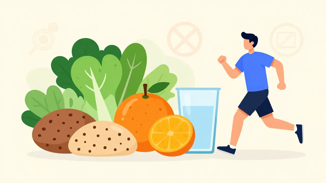 Healthy food spread and jogging figure for gut health flat design.