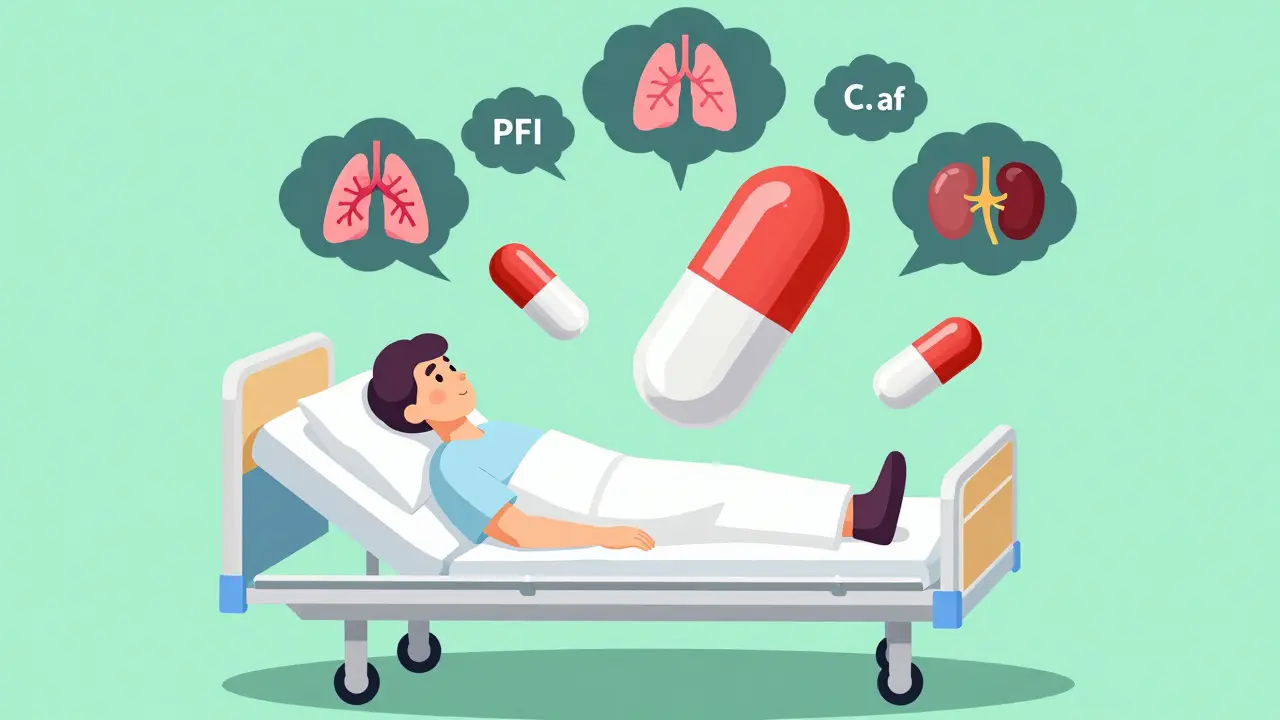 Hospital bed scene with PPI and H2 blocker pills surrounded by icons of pneumonia, C. diff, and kidney damage.