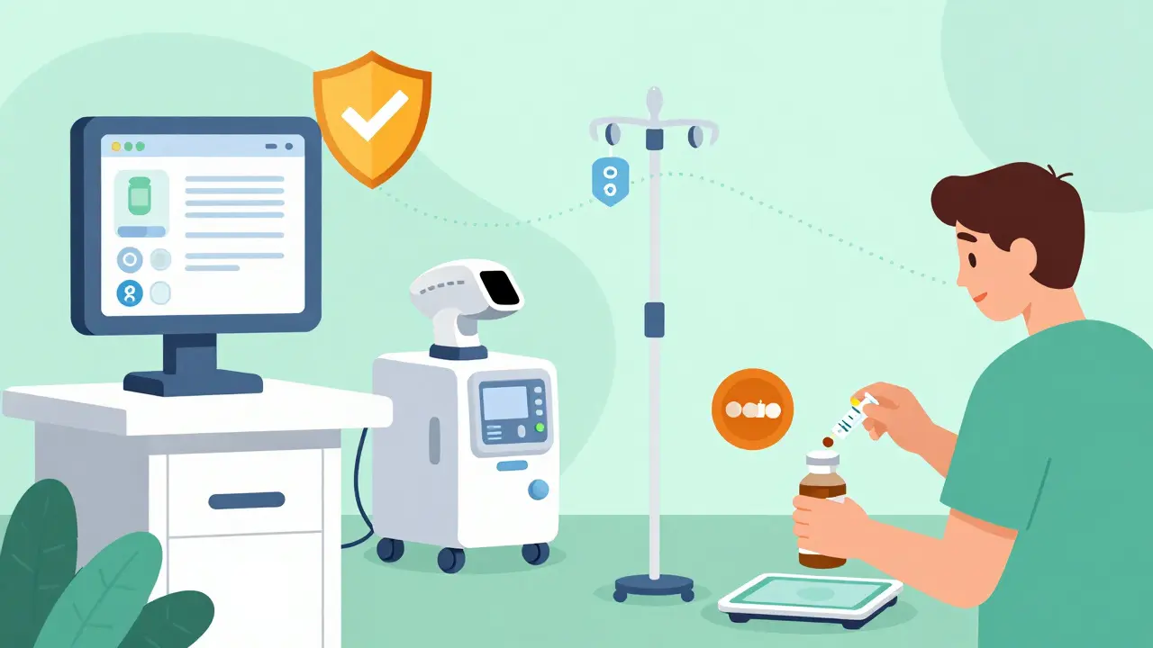 Hospital technology and parent using safety equipment at home