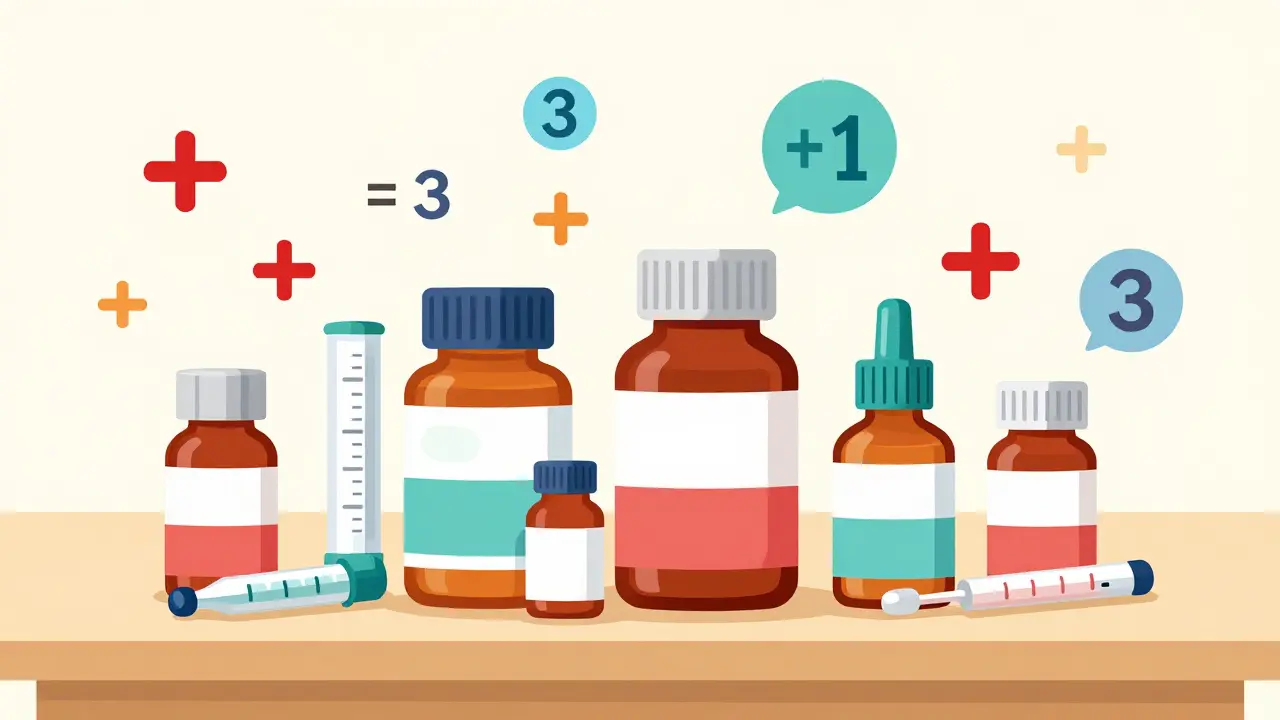 Medicine bottles with measurement tools and calculation symbols