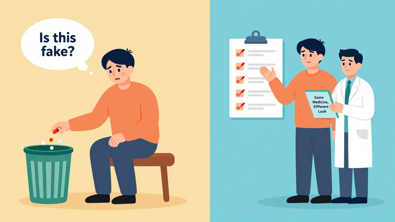 Patient stopping medication vs. taking it confidently after pharmacist guidance.