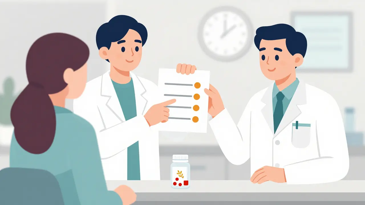 Pharmacist and patient reviewing a simple pill schedule with labeled medication icons.